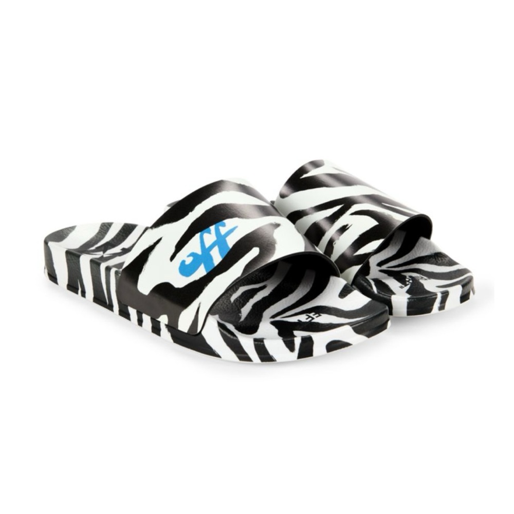 Off-White Zebra Pattern Slides with Blue Accent - Picture 5 of 7